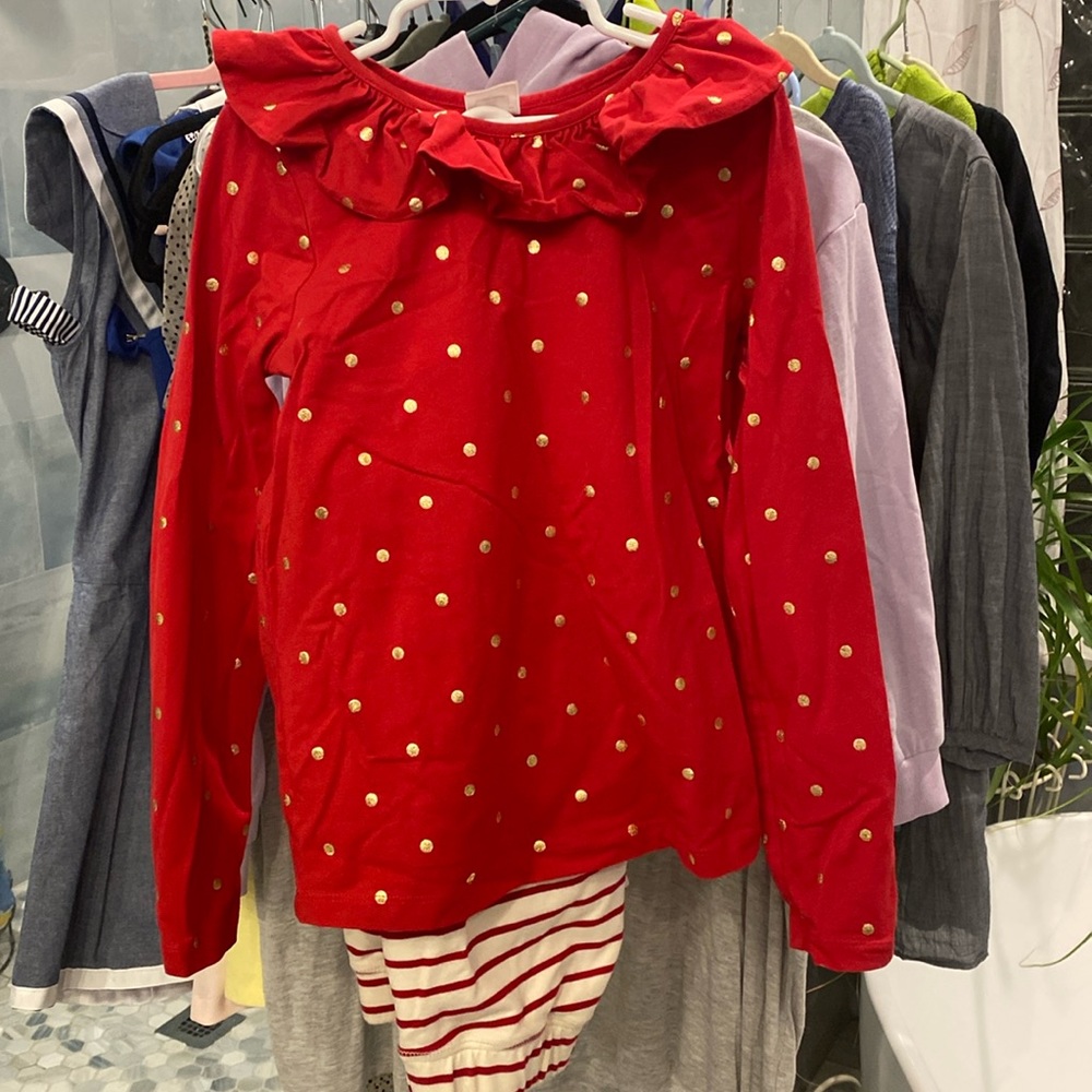 Red and Gold polka dot PJs with striped pants - Hanna Anderson size 10 girls